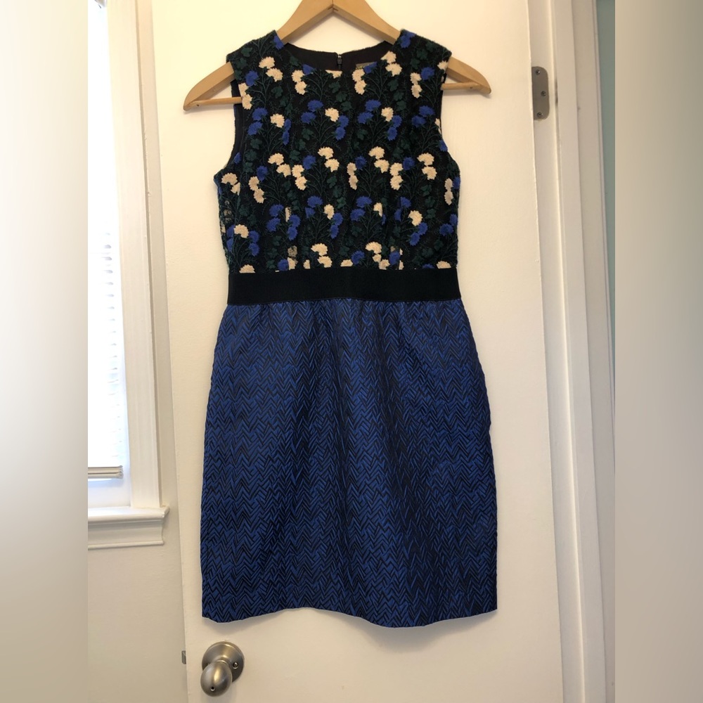 Taylor Blue and Black Embroidered Sheath Dress With Textured Skirt